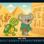 März 2026. Eine schildkrötenartige, grüne Figur und ein Koala laufen vor Pyramiden entlang einer Wand mit Hieroglyphen.