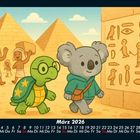 „März 2026“ unten. Eine Schildkröte und ein Koala vor ägyptischen Pyramiden, Hieroglyphen an der Wand.