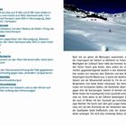 Links: Anfahrtstipps zum Hotel Ronach, Einkehrmöglichkeiten, Tipps zur Ausrüstung, Zusatzinformationen. Rechts: Landschaft mit Schnee und Berg, ein Skifahrer in weiter Entfernung im Bild.