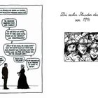 Illustration: Links Dialog über Kriegsversteckung und Jugendaktivismus zwischen Mann und Frau. Rechts lächelnde Soldaten, "1914".