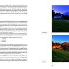 Linke Seite enthält einen Text über Beleuchtung und Lichtfarbe. Rechts sind Bilder eines Hauses in Morgen- und Abendlicht.