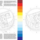 Texte oben: Architektur wie Geografie schöpft aus Materialien. Zeichnungen von Gebäuden in Kugeln, flankiert von Farbstreifen.