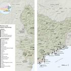 "Riviera und Alpes-Maritimes", Liste von Highlights wie Nizza, Cannes, Monaco, Karte der Region mit Grenzlinien und Orten.