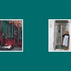 Links: Katze schläft vor roten und grünen Fischernetzen. Rechts: Frau lehnt an alter Holztür.