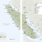 Vancouver Island Karte mit Städten: Victoria, Tofino, und Sehenswürdigkeiten wie den Pacific Rim National Park.