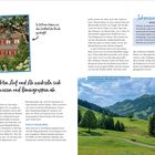 Links oben: „In Hittisau haben wir den Großteil der Runde geschafft.“  
Unten groß: „Im leichten Auf und Ab wechseln sich Alp­wiesen und Baum­gruppen ab.“  
Rechts: „Sehenswürdigkeit Hittisau“  
Foto unten: „Mitten in den Bergen, aber doch bequeme Wege: das Lecknertal im Bregenzer Wald“  
Rechts unten: Wellenförmige Landschaft mit grünen Wiesen und Bäumen.