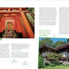 Texte:
1. "Unzählige torii weisen den Weg durch den Fushimi-Inari-Schrein."
2. "Heckhaus im Garten der Okochi-Sanso-Villa – ein verstecktes Juwel der alten Hauptstadt."

Links: Schutzdächer mit roten Torii im Wald. Rechts: Traditionelles japanisches Gebäude.