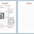 Links: LÖSUNGEN. Rechts: NOTIZEN. Rätsel: GITARRE und GEIGE, IKONE, Organspendesymbol, Pfeildiagramme, Zitat.