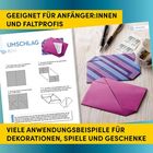 Text: "Geeignet für Anfänger:innen und Faltprofis. Umschlag. Viele Anwendungsbeispiele für Dekorationen, Spiele und Geschenke." Origami-Anleitungen und fertig gefaltete Umschläge.