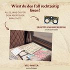 "Wirst du den Fall rechtzeitig lösen?" Ein Tisch mit Karte und Notizen. Schrift: "ERMITT­LUNGSWERKZEUG", "XXL-POSTER".