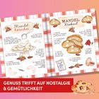 Texte: "Mandelhörnchen", "Mandel Krokant", "Genuss trifft auf Nostalgie & Gemütlichkeit". Zwei Rezeptseiten mit Zeichnungen.