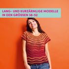Text: "LANG- UND KURZÄRMLIGE MODELLE IN DEN GRÖSSEN 38-52". Frau in gestreiftem Oberteil vor orangefarbenem Hintergrund.