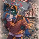 "Tusk Love", Illustration: Ein fantasievoller Oger trägt eine Frau liebevoll, Herzen fliegen um sie. Hintergrund: brennendes Schiff.