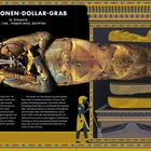 Sarkophag Tutanchamuns mit goldener Totenmaske, Hieroglyphen, und ägyptische Symbole. Text beschreibt seine Bestattung.