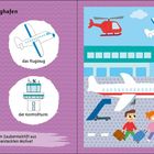 Links sind ein Helikopter, ein Flugzeug, ein Kontrollturm und eine Startbahn beschrieben. Rechts eine Flughafenillustration.