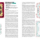 „Der Gesang der Nachtigall“, Häkelanleitung mit Schwierigkeitsgrad und farbigem Garnquadrat, umgeben von Diagrammen.