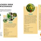 Texte: "WIR WACHSEN GERN IM GEWÄCHSHAUS," "GURKEN," "PAPRIKA," "CHILI." Drei Spalten mit Texten über Anbau von Gurken, Paprika und Chili.