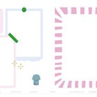 Zwei Seiten mit den Nummern 96 und 97. Links sind bunte Rahmen und Symbole, rechts rosa Streifenrand. Unten Textleisten.