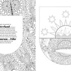 Text über Sylts „Hauptstadt“ Westerland, Amrum und Föhr. Links und rechts Ornamente; rechts Sonne, Sterne, Fisch.