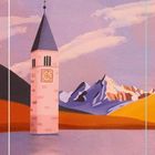 "ORTLER", "Wächter der Ahnenkraft" steht unten. Illustration eines Kirchturms vor Bergen unter wolkigem Himmel.