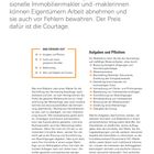 "Die Miethöhe festlegen: Im Mietvertrag gilt es nicht nur die Ausgangsmiete zu beziffern..." Text auf orangefarbenem Hintergrund: "WAS ERFAHRE ICH?" mit einer Liste von Themen und Seitenzahlen. Weitere erläuternde Absätze folgen darunter.