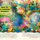 Bereit für ein dinostarkes Abenteuer? Wovon willst du träumen? Illustration: Bunte Dinosaurier und Kinder im Dschungel.