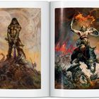 Links: Ein muskulöser Krieger mit Schwert auf Knochenhügel. Rechts: Krieger auf Pferd, Flammen und Kampf im Hintergrund.