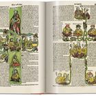 "Das erste alter", "der werlt", "Blat x". Mittelalterliche Buchseite mit Illustrationen historischer Figuren und kunstvoller Gestaltung.