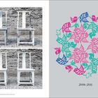 Links: Zwei Marmorstühle vor einer Ziegelwand. Rechts: Bunte Illustration von stilisierten Vögeln mit der Zahl "2008–2011".