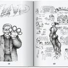 Texte: "ZAP", "MOTHER TUCKER", "ROLLIES", "FATBACK", "GOSH", "SNOSH". Zeichnung eines Mannes und verschiedener Karikaturen.