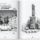 Eine Comic-Seite mit dem Titel "Pathetic Stories", Charaktere mit frustrierten Gedanken, Auto, Häuser, und Ofenecke.
