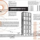 Texte: "FIVE PROJECTS: MYRON GOLDSMITH & JAMES D. FERRIS...", "UNFINISHED PROJECT FOR A SPORTS COMPLEX, 1954". Das Bild zeigt Architekturzeichnungen.