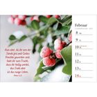 "Jeder, der dir dient, wird nach der Anfechtung gekrönt und aus der Trübsal erlöst. Tobias 3,22" steht links, daneben eine Krone. Rechts ist ein Kalender für Februar.
