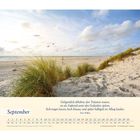 Zitat von Tina Willms über Träume. Darunter Kalender für September. Im Hintergrund Dünen, Meer und ein Leuchtturm.