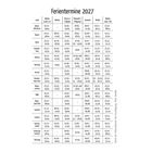 Ferientermine 2027: Eine Tabelle listet für jedes Bundesland die Ferienzeiten auf, einschließlich Weihnachten, Ostern, Sommer und Herbst.