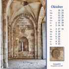 Text: "Nun stehen unsere Füße in deinen Toren, Jerusalem. Psalm 122,2." Daneben ein Kalender für Oktober. Historisches Gemäuer.