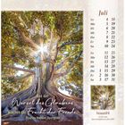 Text: "Aus der Wurzel des Glaubens wächst die Frucht der Freude. Charles Haddon Spurgeon. Juli"

Ein mächtiger Baum mit Sonnenstrahlen durch die Äste.