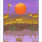 Illustration von Giraffen bei Sonnenuntergang, eine mit gebücktem Hals, auf lila-orangefarbenem Hintergrund.