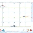 Kalender für Juli, Wochentage Montag bis Sonntag. Illustration: Tiere am Strand und im Wasser.