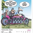 "RED PORSCHE KILLER. Immer wieder geil, Werner, da fall'n mir glatt die Tassen aus’n Regal! Lass stecken, Dieter!" Zwei Männer auf einem großen, rosafarbenen Motorrad mit mehreren Motoren, daneben ein Kalenderblatt für Juli und technische Daten.