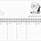 Februar Kalenderseite, obere Texte: "Bewohner von Mehrfamilienhäusern..." mit einer humorvollen Zeichnung einer Gesprächsrunde.