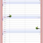 Name, Datum 01-31, Wochentage Mo-So. Juli 07. Illustration zweier Figuren mit Herzen.