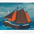 Juli. Kalenderblatt mit Segelschiff auf blauem Meer, rote Segel, stilisierte Malerei mit Flagge im Wind.