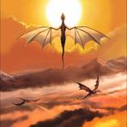 Zahlen 1 bis 31 unten. Illustration von drei Drachen, die vor einer leuchtenden Sonne über Wolken fliegen.