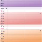 Kalender Juli 2027, beginnt Samstag. Farbübergänge von Blau über Lila zu Orange.