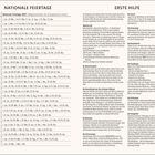 "NATIONALE FEIERTAGE", Tabelle der EU-Mitgliedsstaaten; Erste-Hilfe-Kasten beschreibt Notfallmaßnahmen bei Schock, Blutung etc.