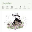 Juni/Juli 2021 oben, 28. Montag bis 4. Sonntag, unten Illustration eines Dachses mit Klee und Gräsern.
