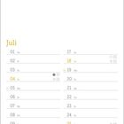 Kalenderseite für Juli mit Tagesnummern und Wochentagen. Details zu Mondphasen und Sonnenaufgangszeiten sind angegeben.