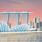 „SOUTHEAST ASIA“ und „SINGAPORE“; Illustration mit ikonischen Gebäuden, warme Farben, Skyline spiegelt sich im Wasser.