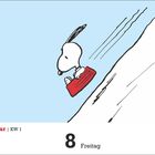 Januar | KW 1, 8 Freitag. Ein Hund fährt auf einem roten Schlitten einen Schneehang hinunter.